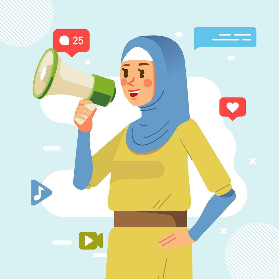 musulmán hijab joven niña participación megáfono gritos ruidoso anunciando social medios de comunicación promoción publicidad concepto vector