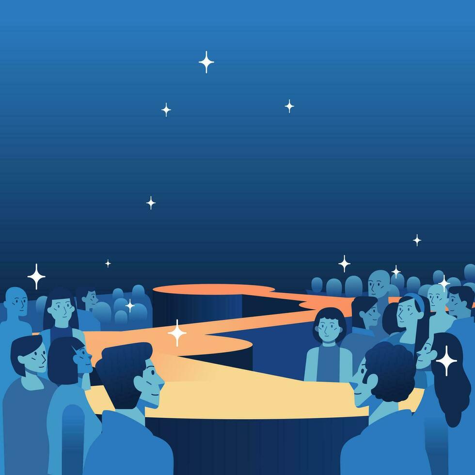 Empty stage fashion show Runway mode Blue background audience crowd looking at the stage vector illustration