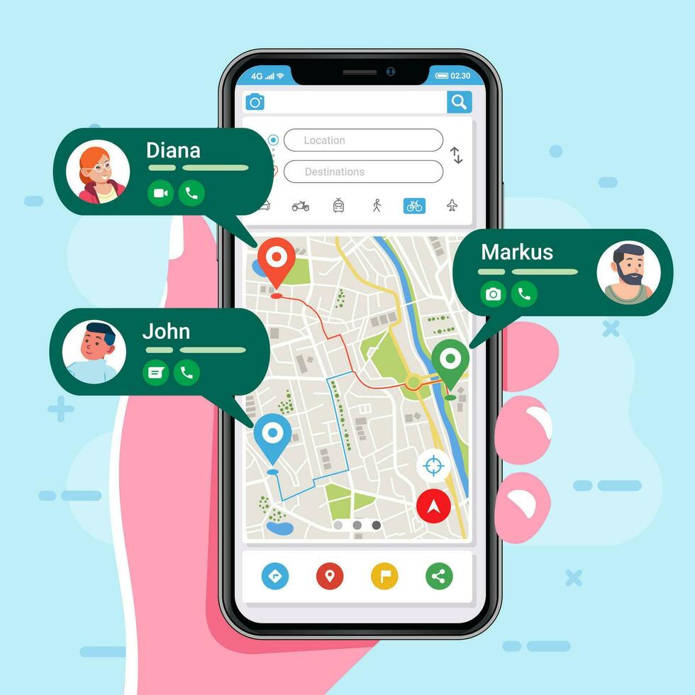 personas ubicación muestra en el mapa aplicación en teléfono inteligente, el aplicación muestra ubicación y contacto de el personas vector ilustración