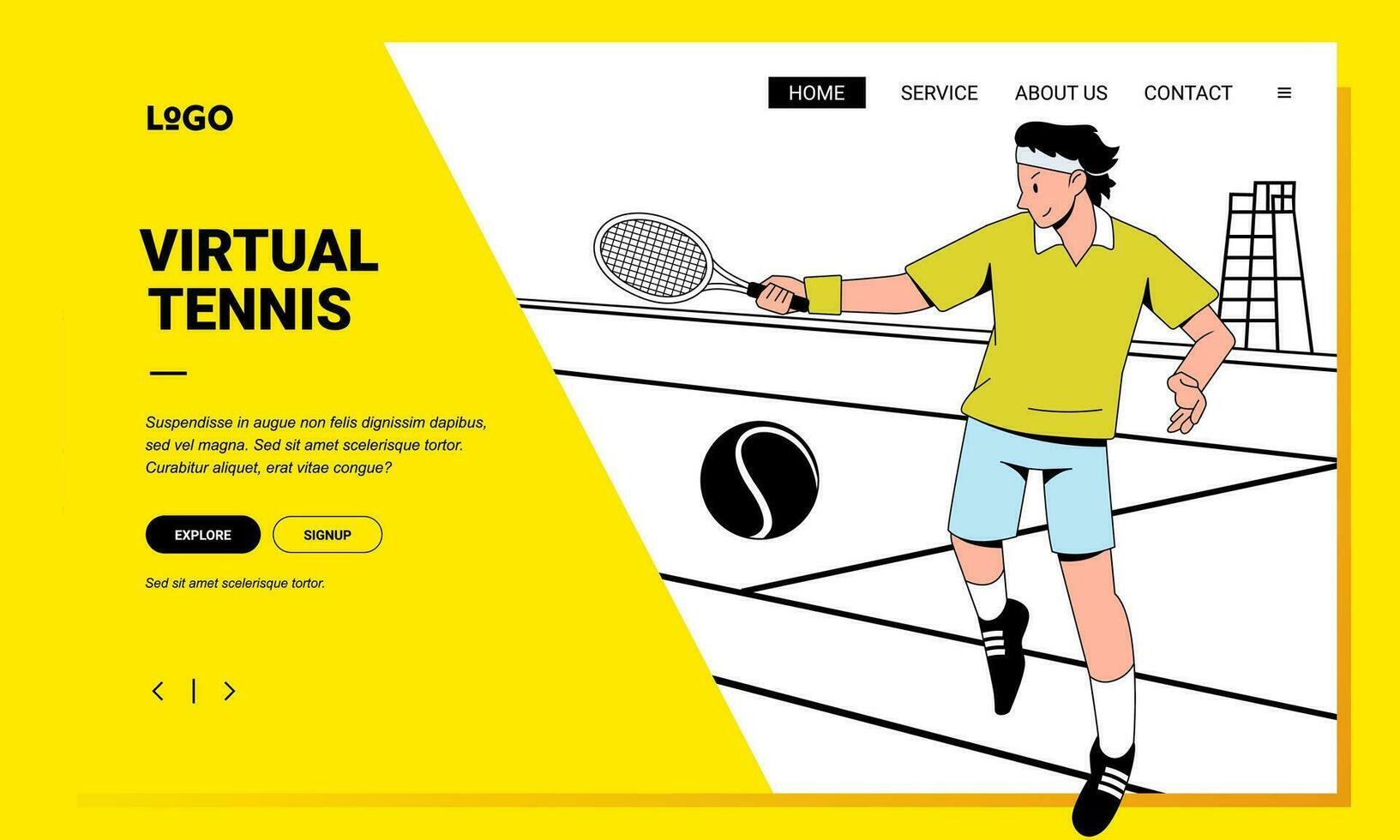 minimalista tenis bandera sitio web ilustración, hombre jugando tenis en el Corte vistiendo Deportes atuendo vector