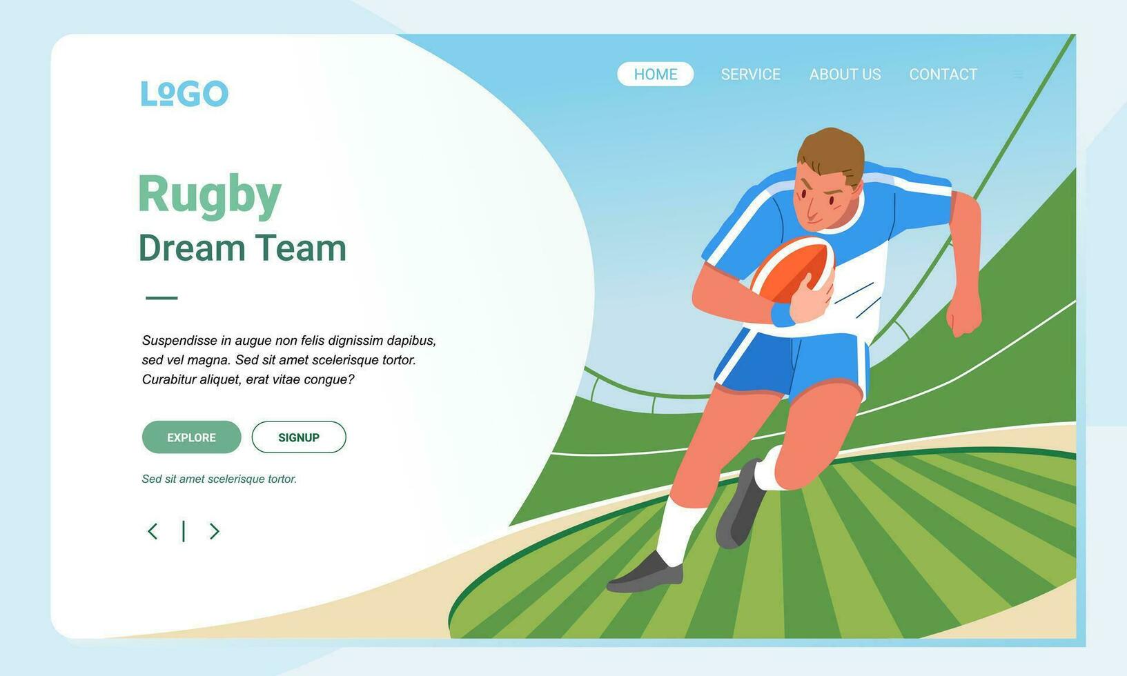 Rugby minimalist banner web illustration mobile landing page GUI UI player running across on field vector