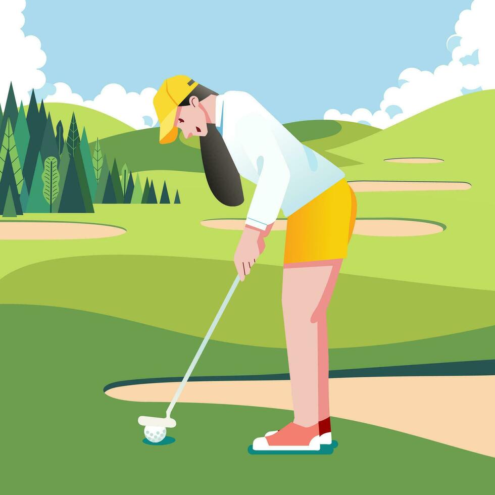 bonito mujer jugando golf Listo a golpear el pelota en el campos vistiendo casual atuendo vector ilustración