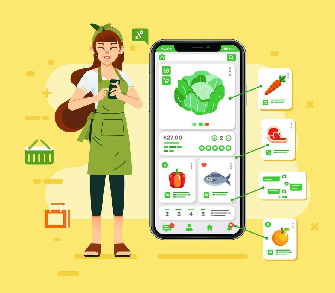 a woman is grocery online shopping with her smartphone, choose the fresh food and delivery to her home vector illustration