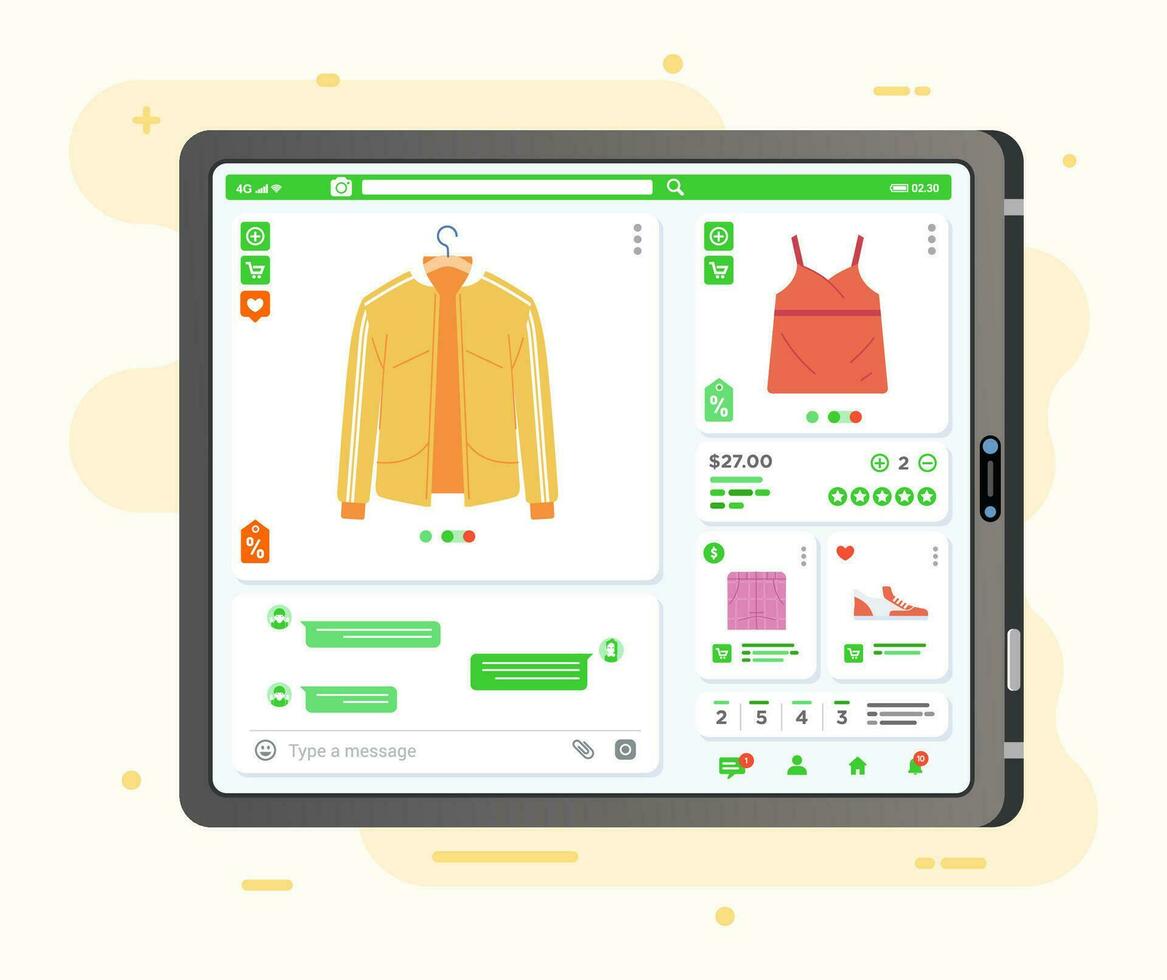 comercio electrónico aplicación en línea compras para ropa en tableta, espectáculo todas el producto información y charla con vendedor vector ilustración