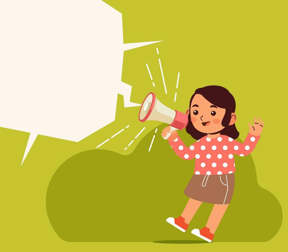 Little girl holding megaphone shouting loud calls customers announcing sale Promotion advertising concept vector