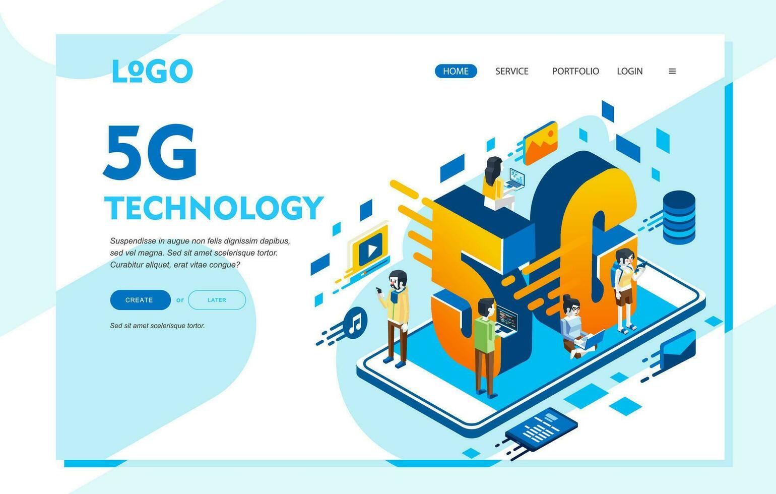 Isometric illustration of 5G Technology, people with laptop and phone around the 5G letter landing page template image vector