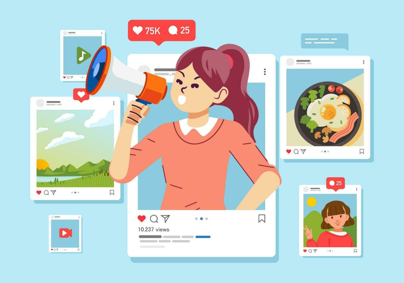 Young girl holding megaphone shouting loud announcing social media Promotion advertising concept vector