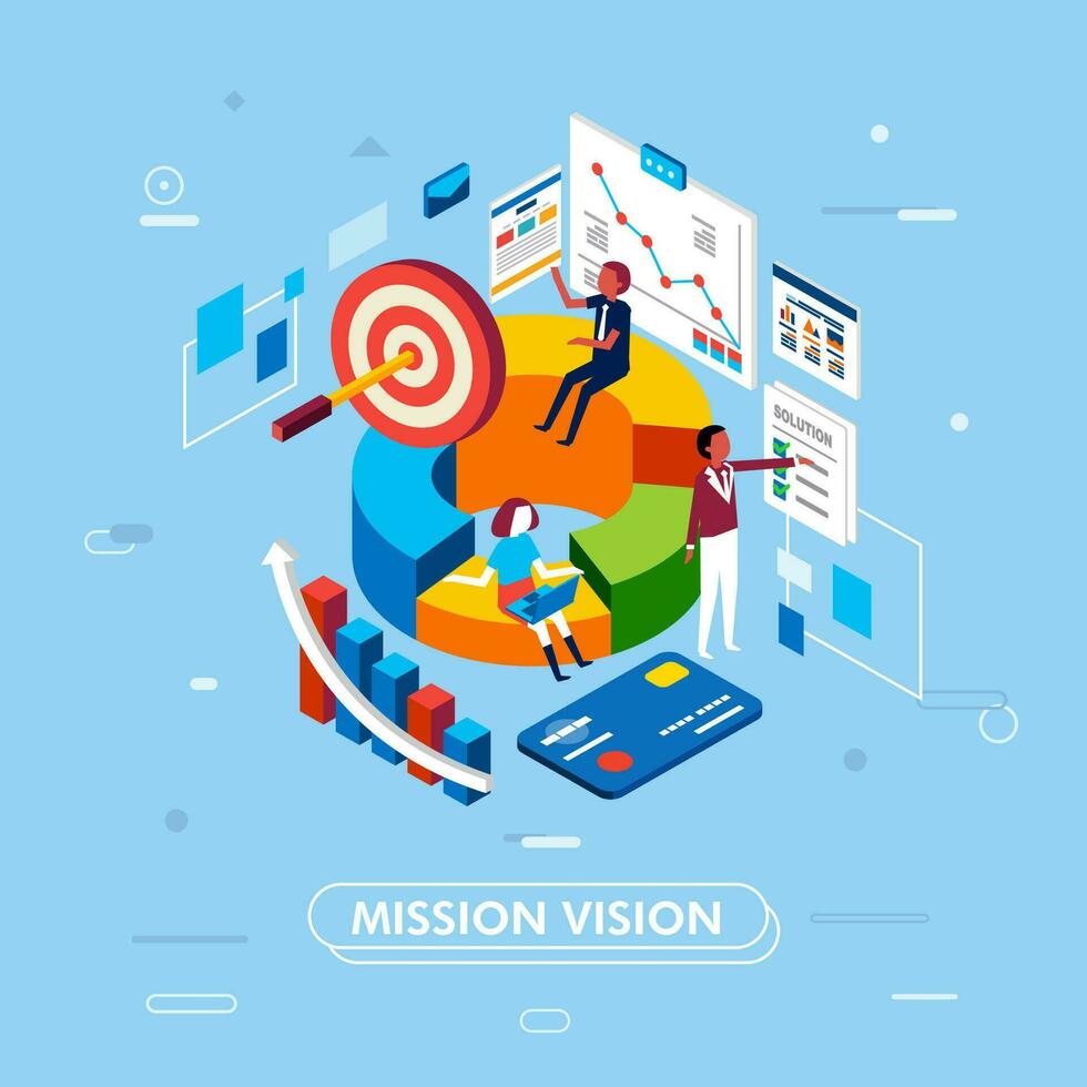 modern isometric vector illustration of vission and mission of the company, people working with infographic and laptop, there is target and solution for the company - vector illustration