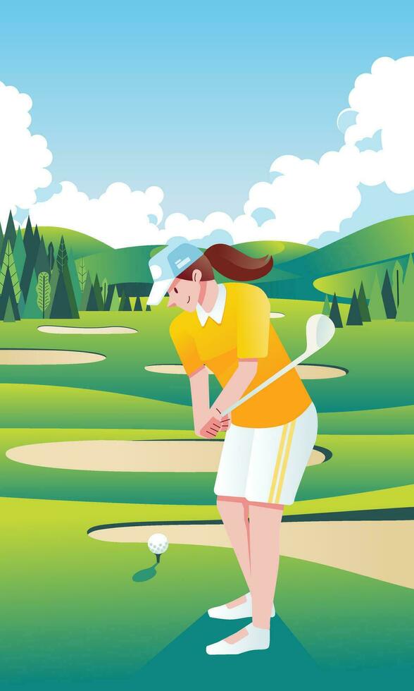 póster ilustración de joven mujer jugando golf en el campo en soleado día vector