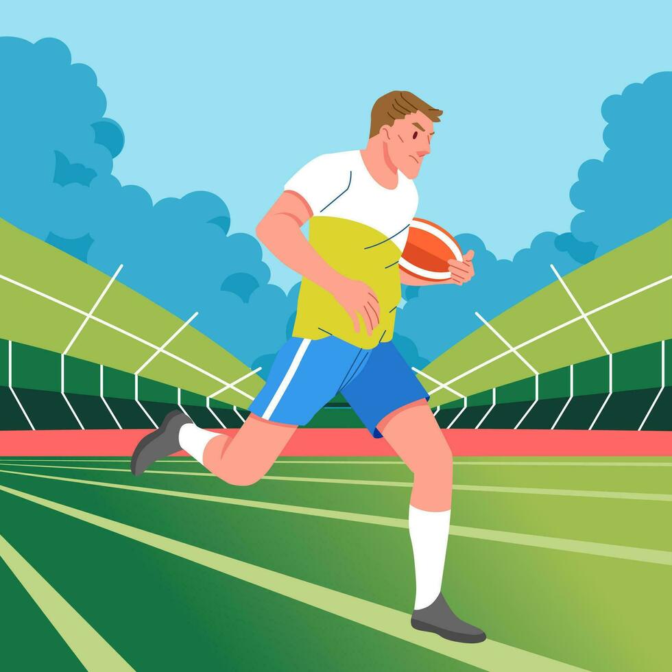 Rugby player man running across the perspective field carrying the ball vector