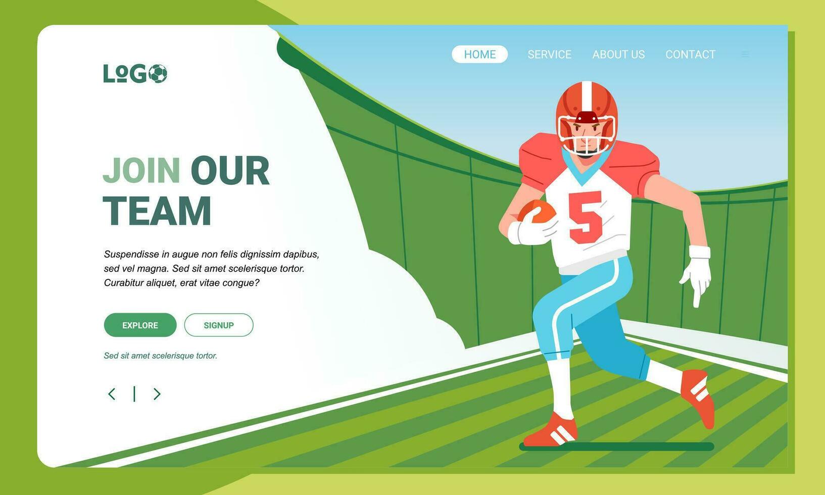 American football minimalist banner web illustration mobile landing page GUI UI player runs with ball vector