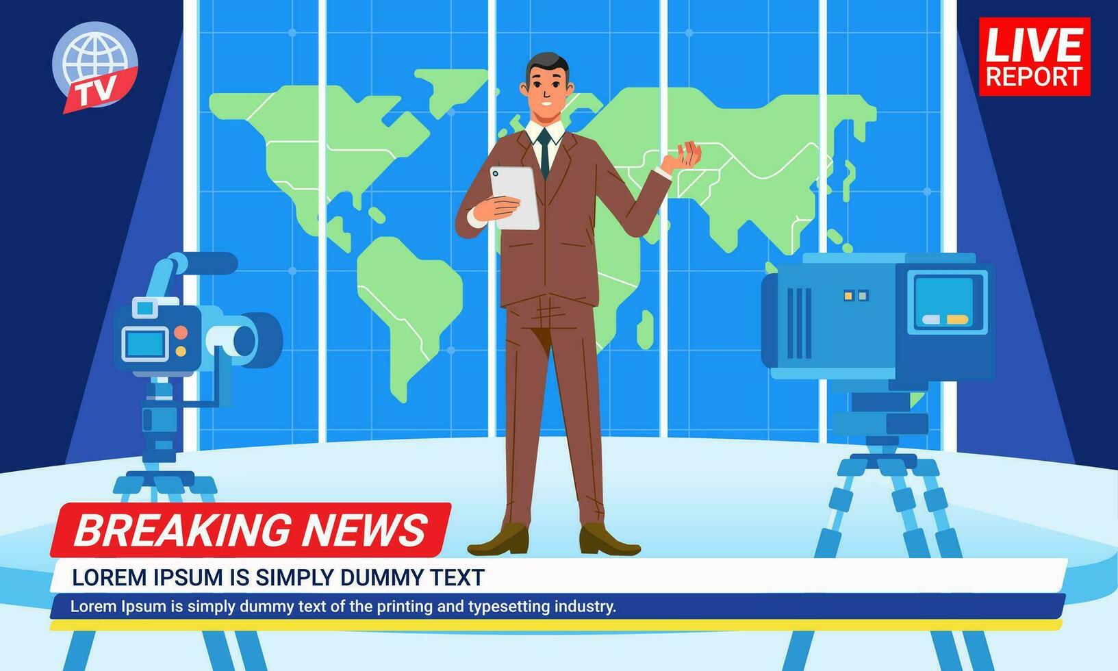 News anchors reporting in TV studio presenters on pedestal with world map background vector