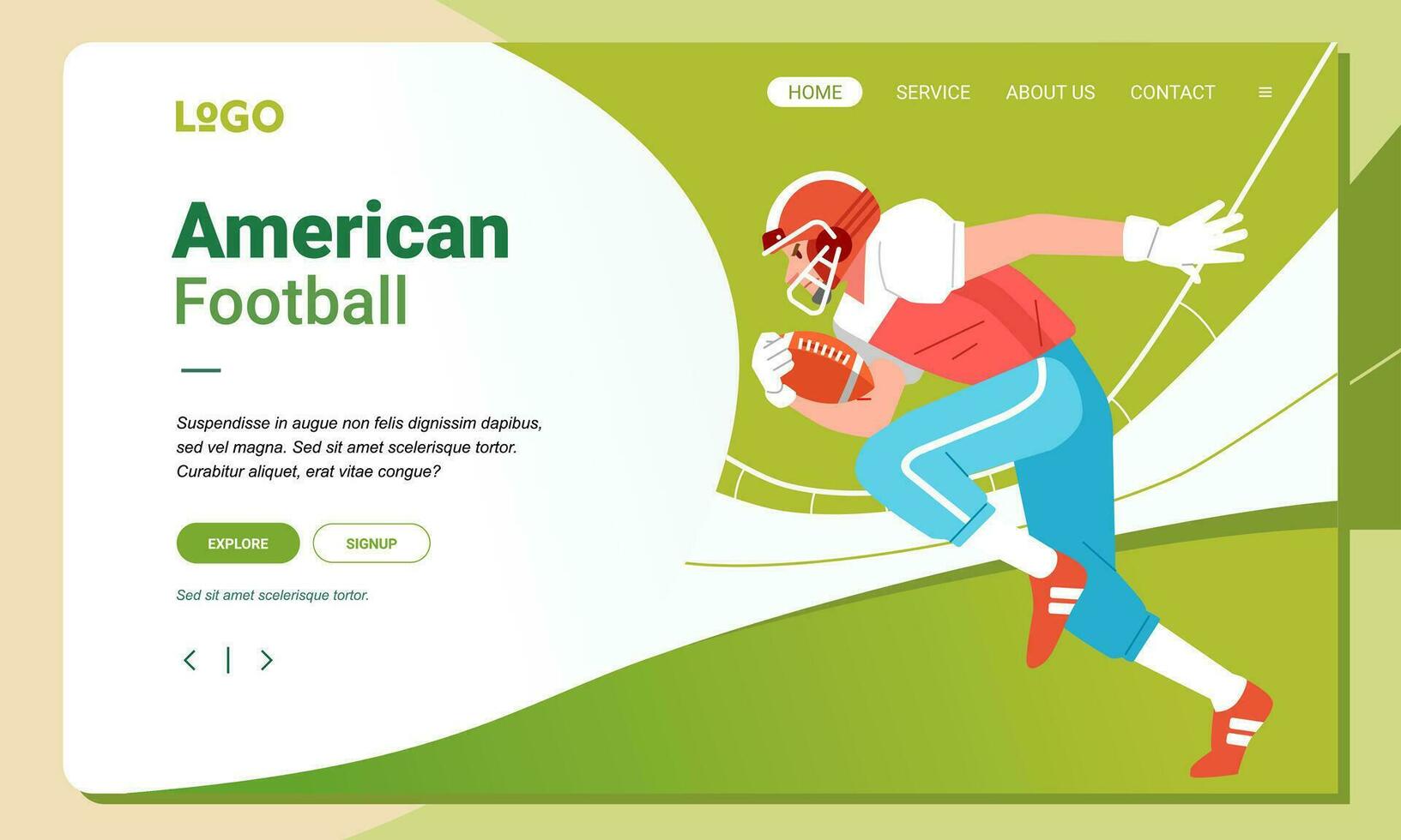 American football minimalist banner web illustration mobile landing page GUI UI player runs carrying ball on field vector
