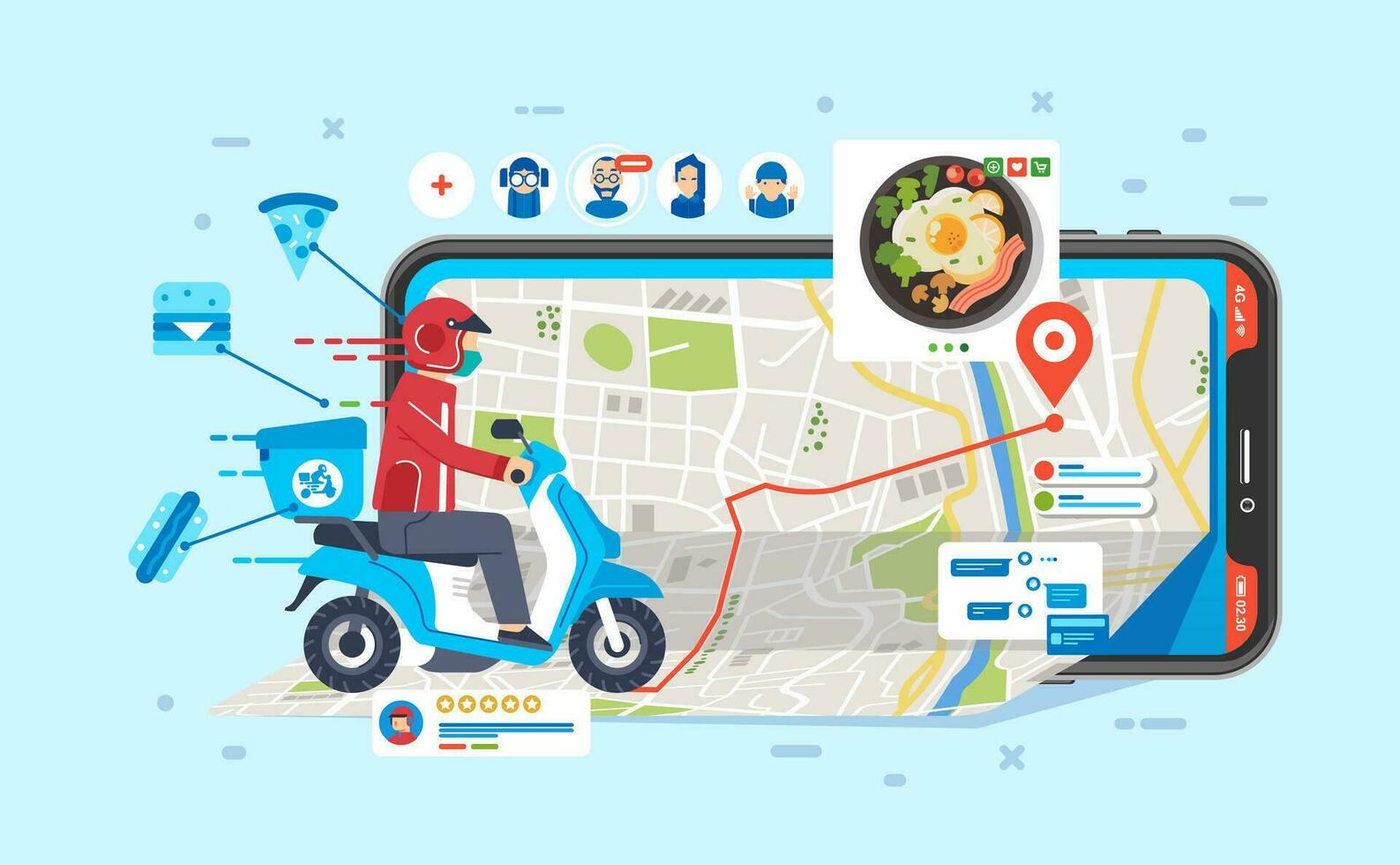 mensajero montando motocicleta a enviando comida ese ordenado por personas mediante aplicación en teléfono vector ilustración