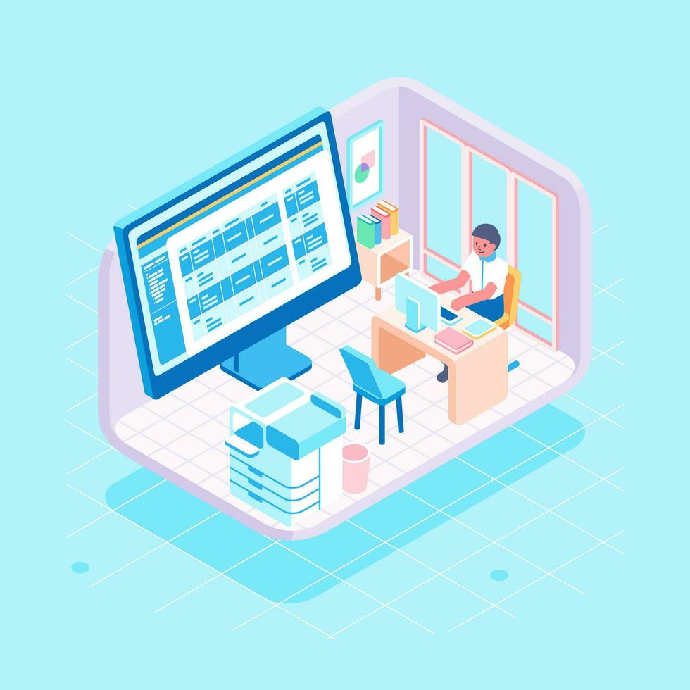 Isometric office admin check financial banking payment billing cash management web app concept vector