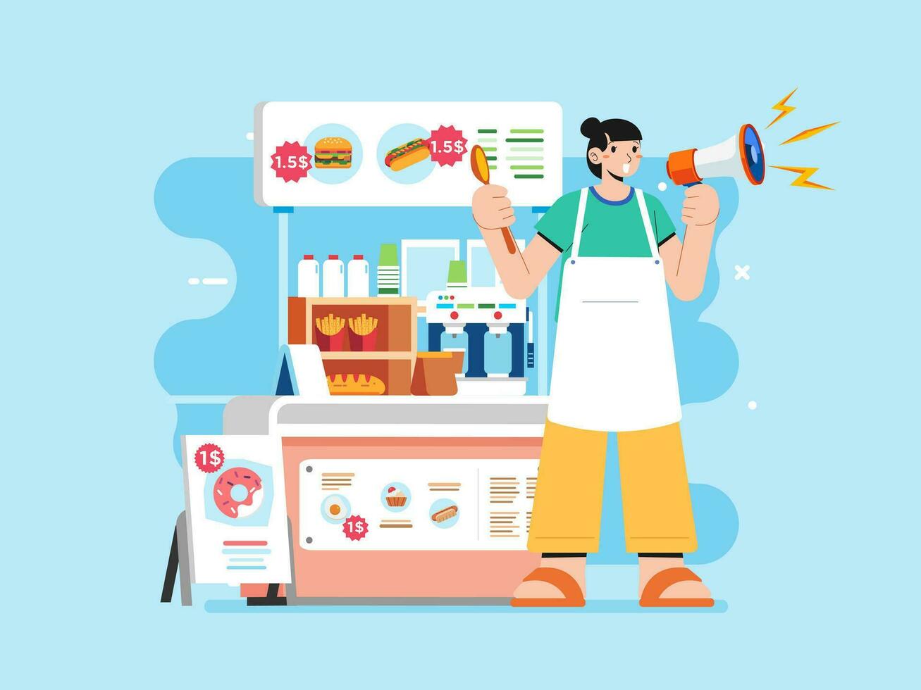 Young girl Happy holding megaphone shouting loud calls customers announcing coffee stall Promotion advertising concept vector