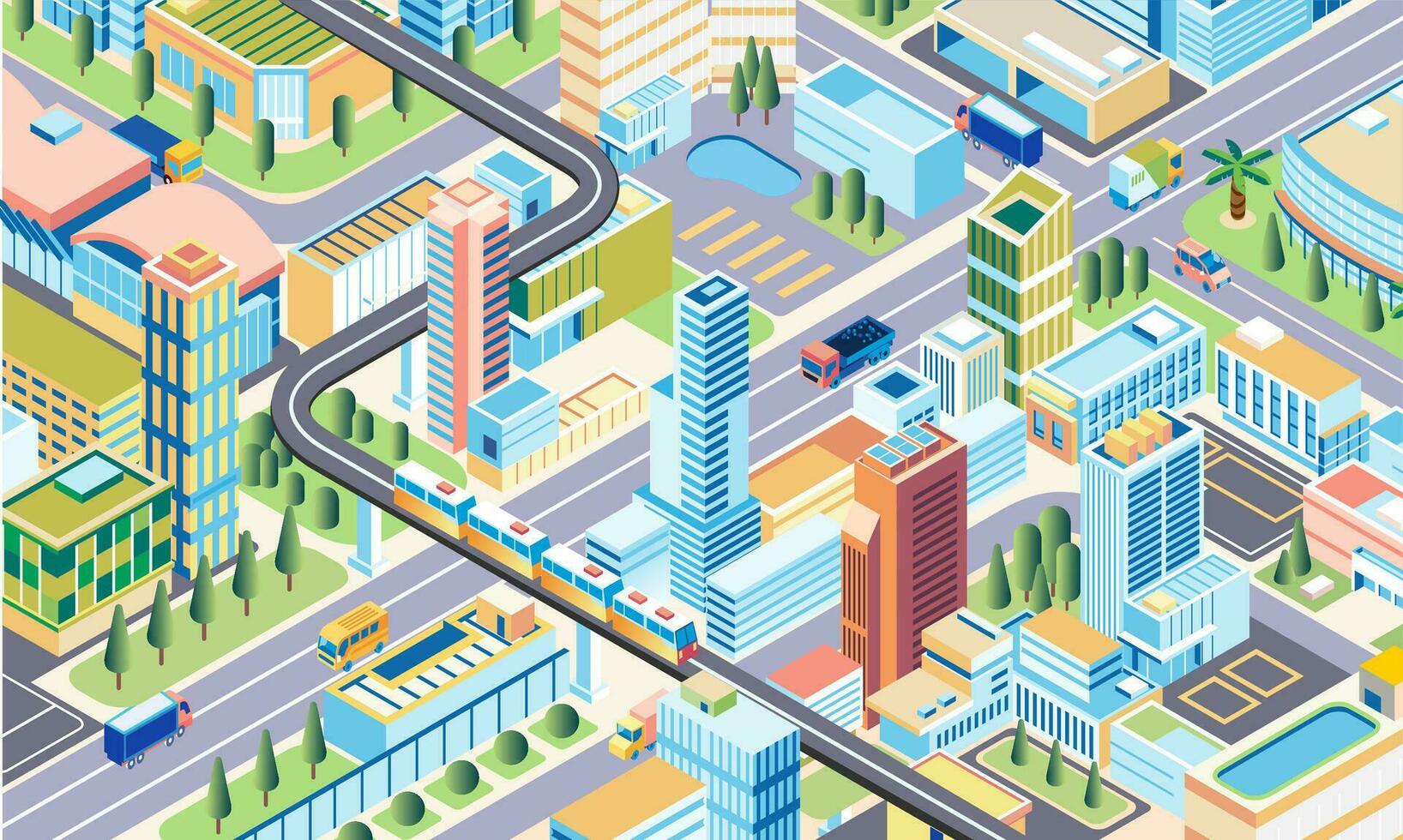 Isometric 3D city illustration, megapholitan city with modern building, roads, and transportation vector