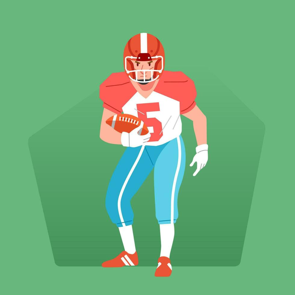 American football player standing in the middle of the field with the ball ready to match vector