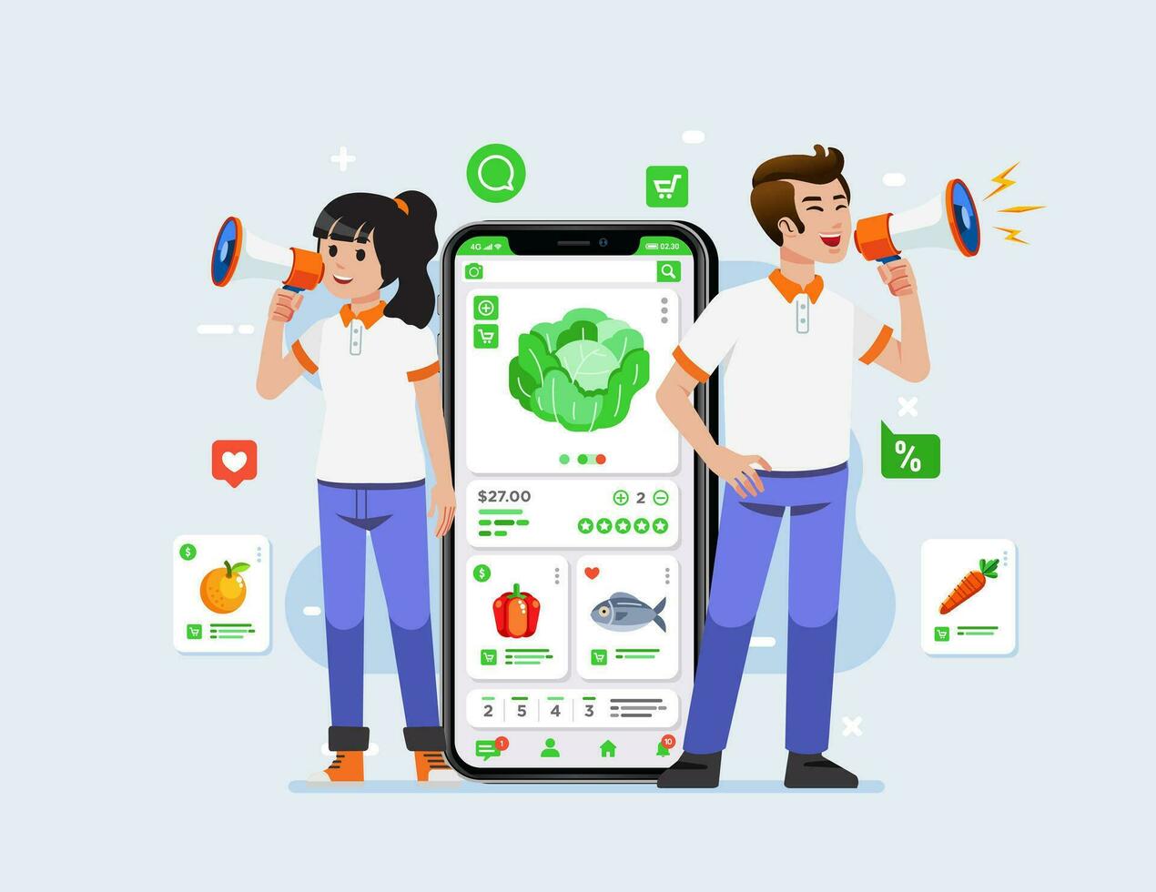 Happy man woman holding megaphone shouting loud calls customers announcing vegetable ecommerce app Promotion advertising concept vector