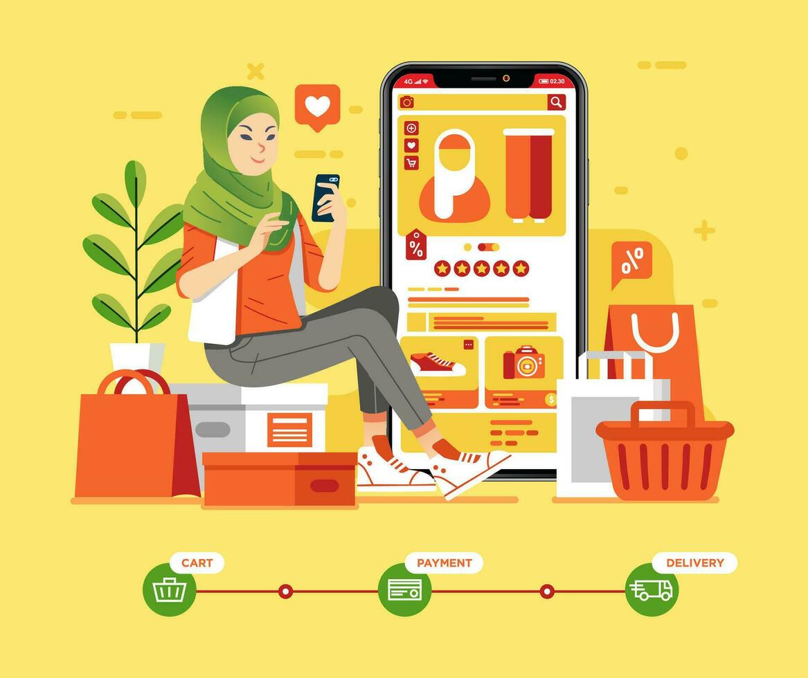 Muslim girl sitting and holding a cellphone for online shopping, many shopping bag around her. online shopping flow on the ecommerce vector
