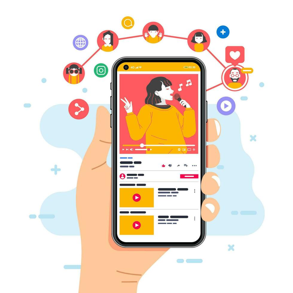 illustration of online media player on smartphone carriyong by hand playing the video of women singging and icon around vector