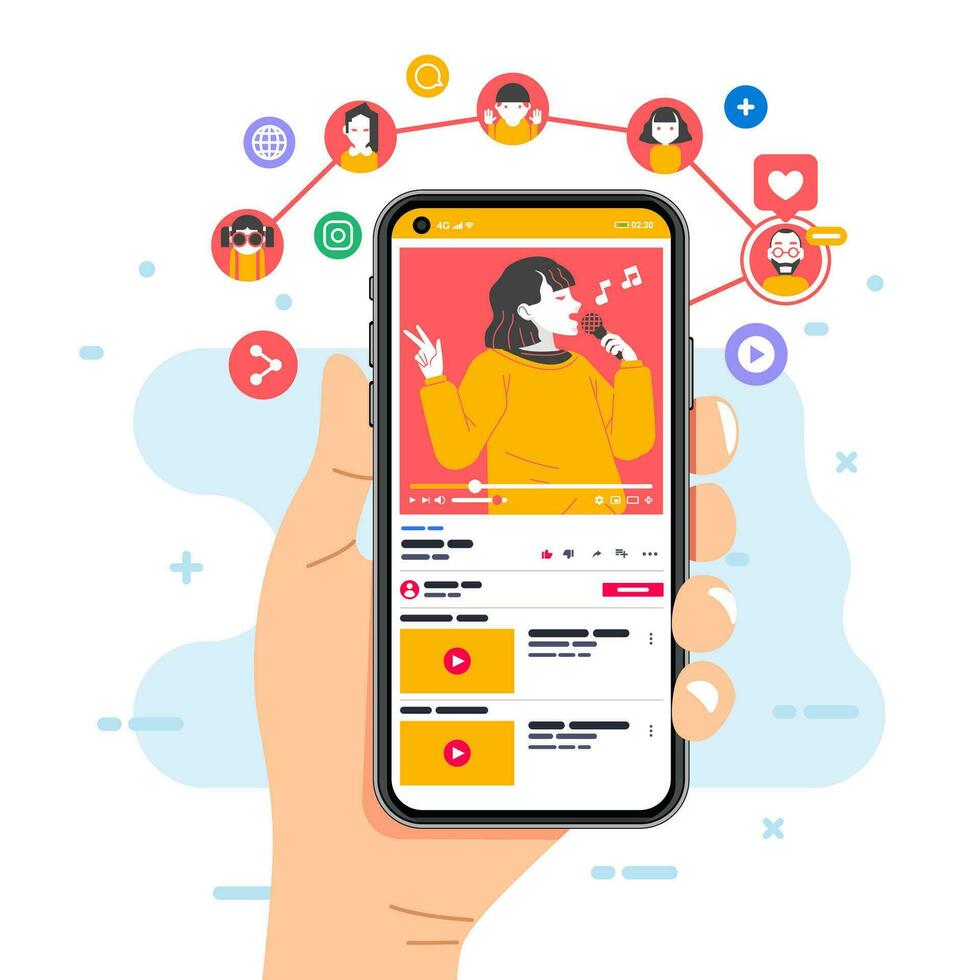 ilustración de en línea medios de comunicación jugador en teléfono inteligente carriyong por mano jugando el vídeo de mujer cantando y icono alrededor vector