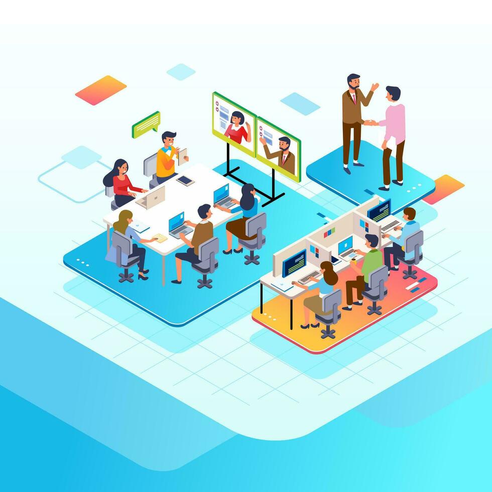 Isometric illustration of people busy with their work in the office, online meeting, meeting client and working with computer vector