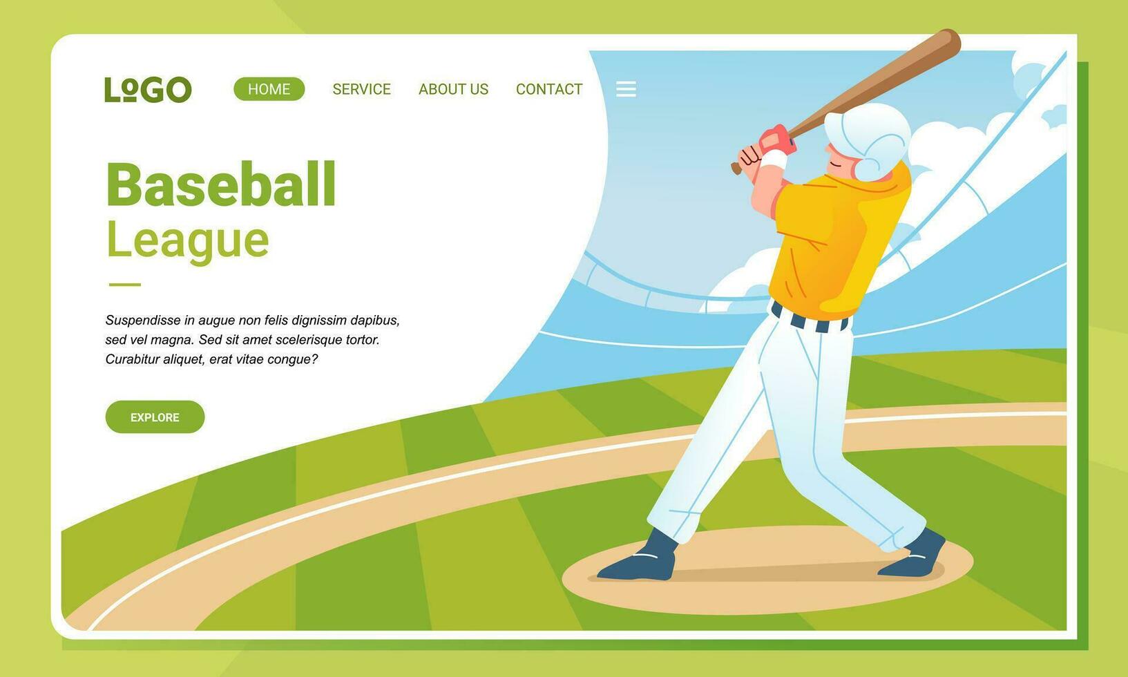 Illustration Baseball player on field character sport and Landing Page Design concept vector