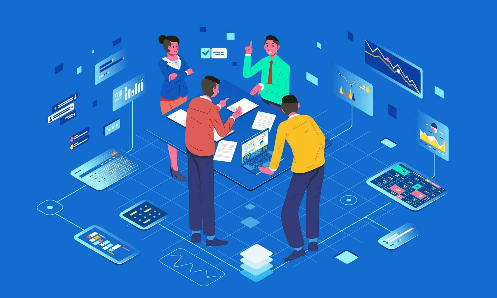 isometric illustration of teamwork have discussion on the meeting with infographic image around the people vector