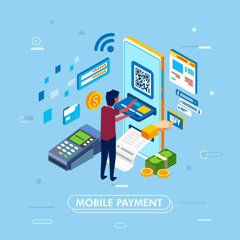 modern isometric design of mobile payment concept with smartphone, illustrated as man inserting credit card to smartphone, edc machine, money, online store illustration around him vector