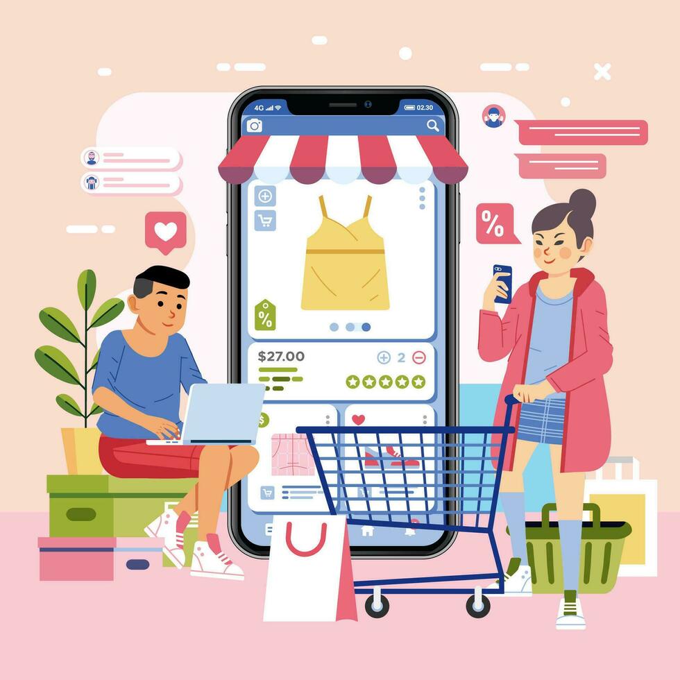 young boy si on box while using laptop and girl holdi troley and smartphone. fashion online shopping flat vector illustration