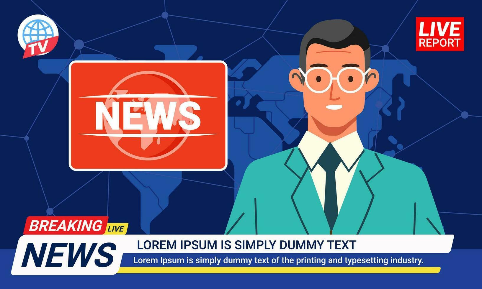 TV anchorman reader on a television program reporting news with world map background vector