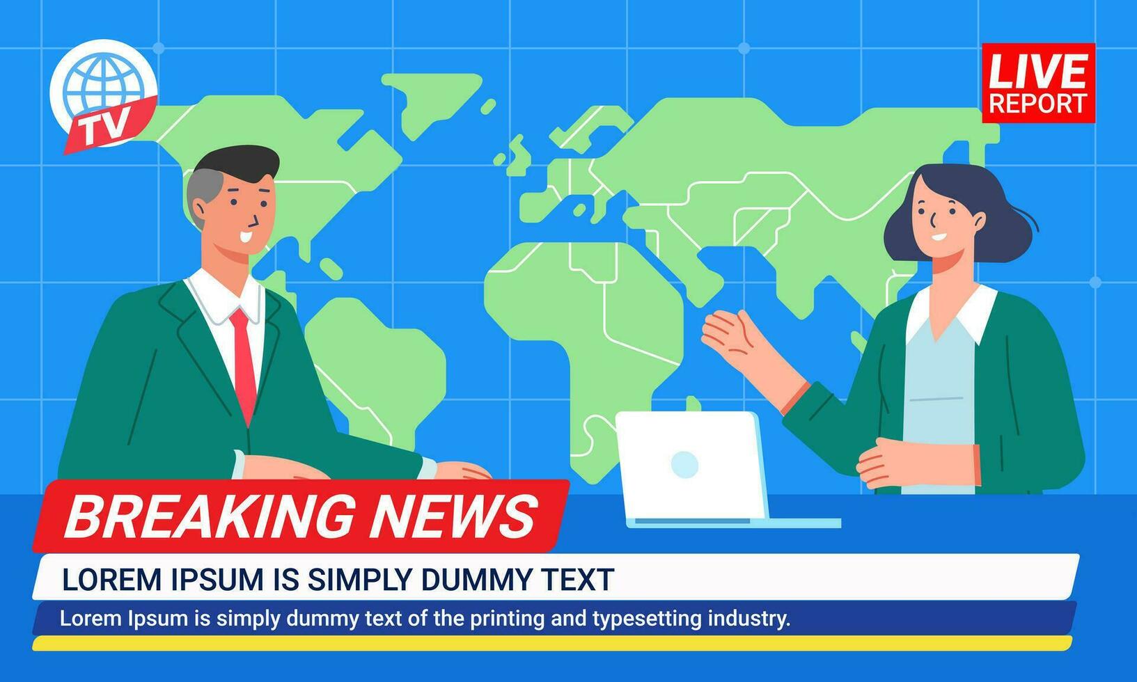Couple news anchors reporting news in TV studio presenters on breaking news with world map background vector