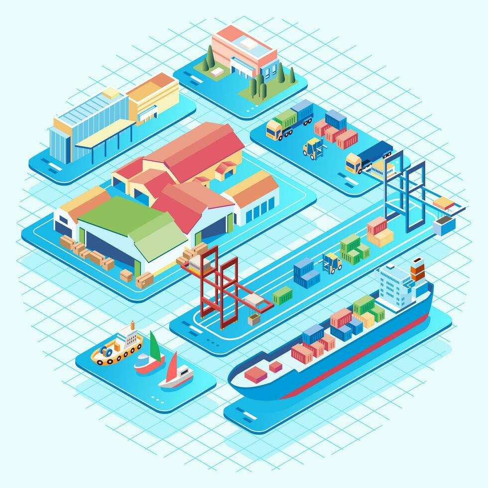 Isometric illustration of busy traffic in the port where goods go in and out, container carrier ships and container stacks are at the port vector