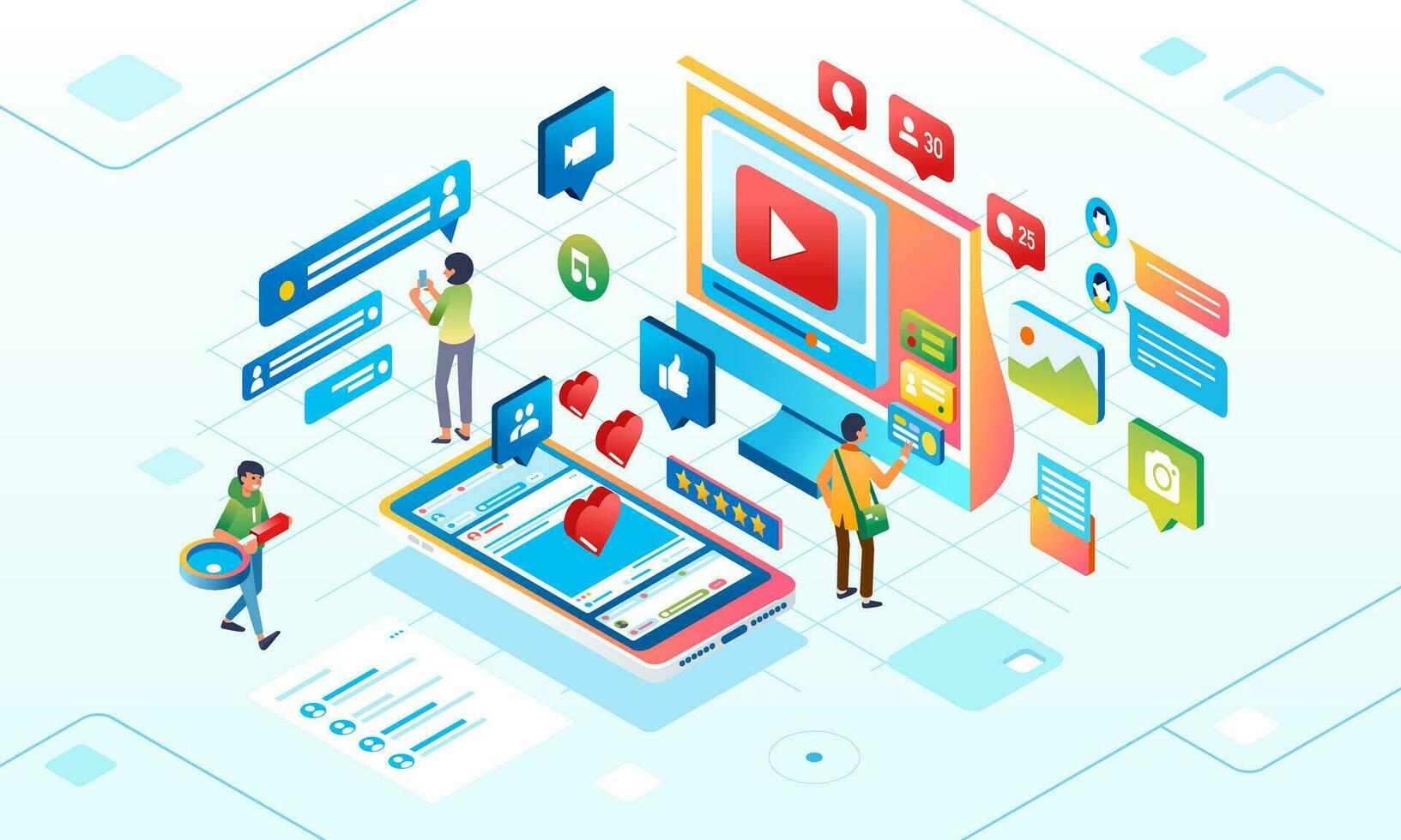 social media network for digital advertising, people are interacting online on social media isometric illustration vector