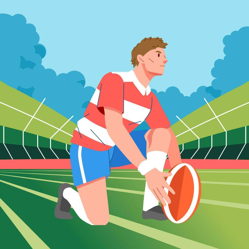 Rugby players prepare with ball to compete on the field vector