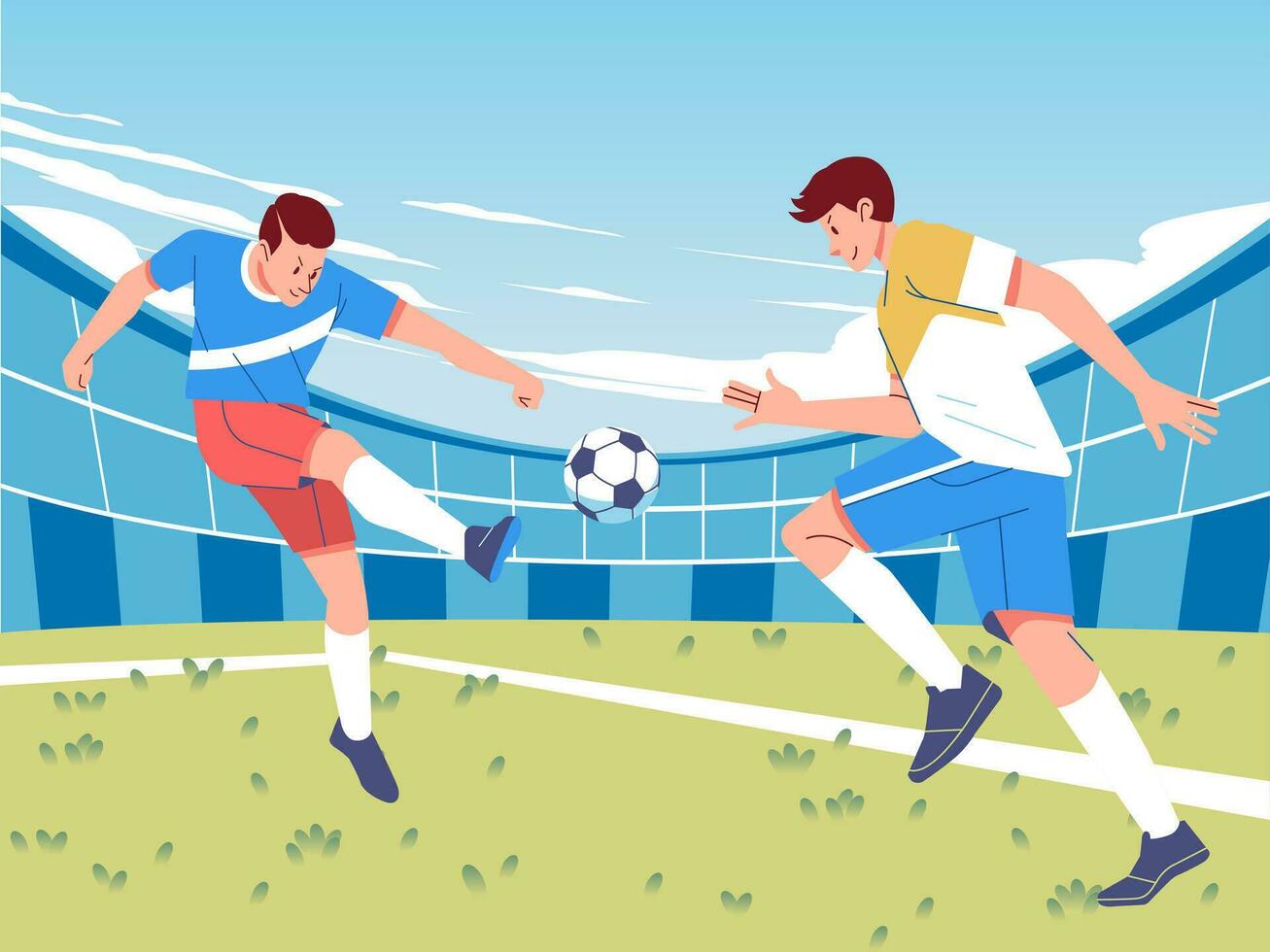 acción fútbol americano jugadores luchando para el pelota en el estadio campo, plano vector ilustración