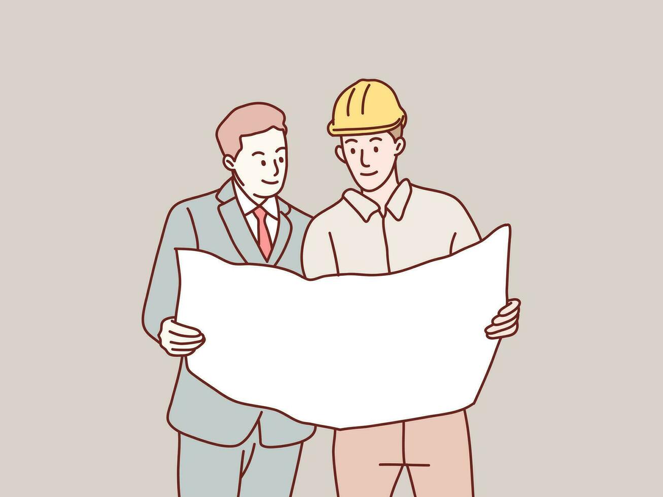 construcción trabajadores y empresario trabajo en equipo colaboración en Plano planificación sencillo coreano estilo ilustración.eps vector