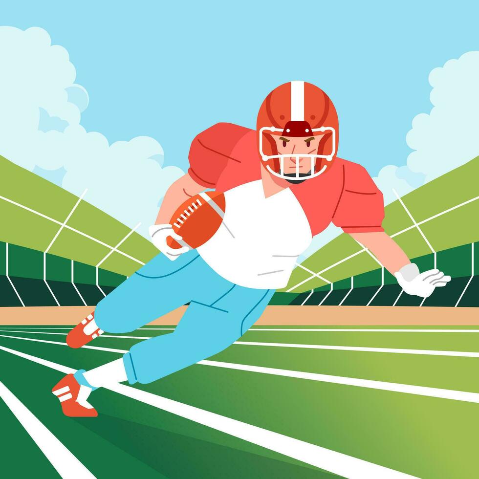 American football player jumps to catch the ball on perspective field match vector