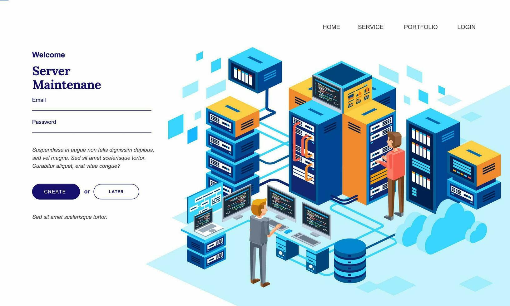 two man character working in data center room, with many server computer isometric 3D vector illustration