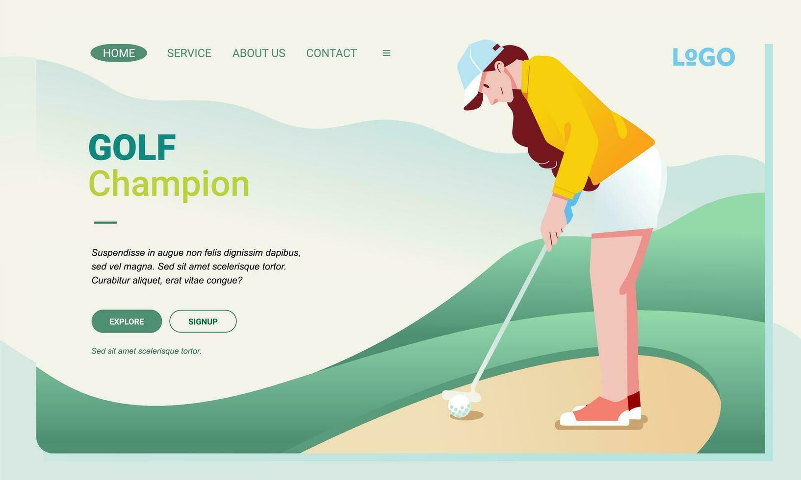 joven mujer jugando golf y Listo a poner el pelota en el agujero moderno aterrizaje página imagen ilustración vector