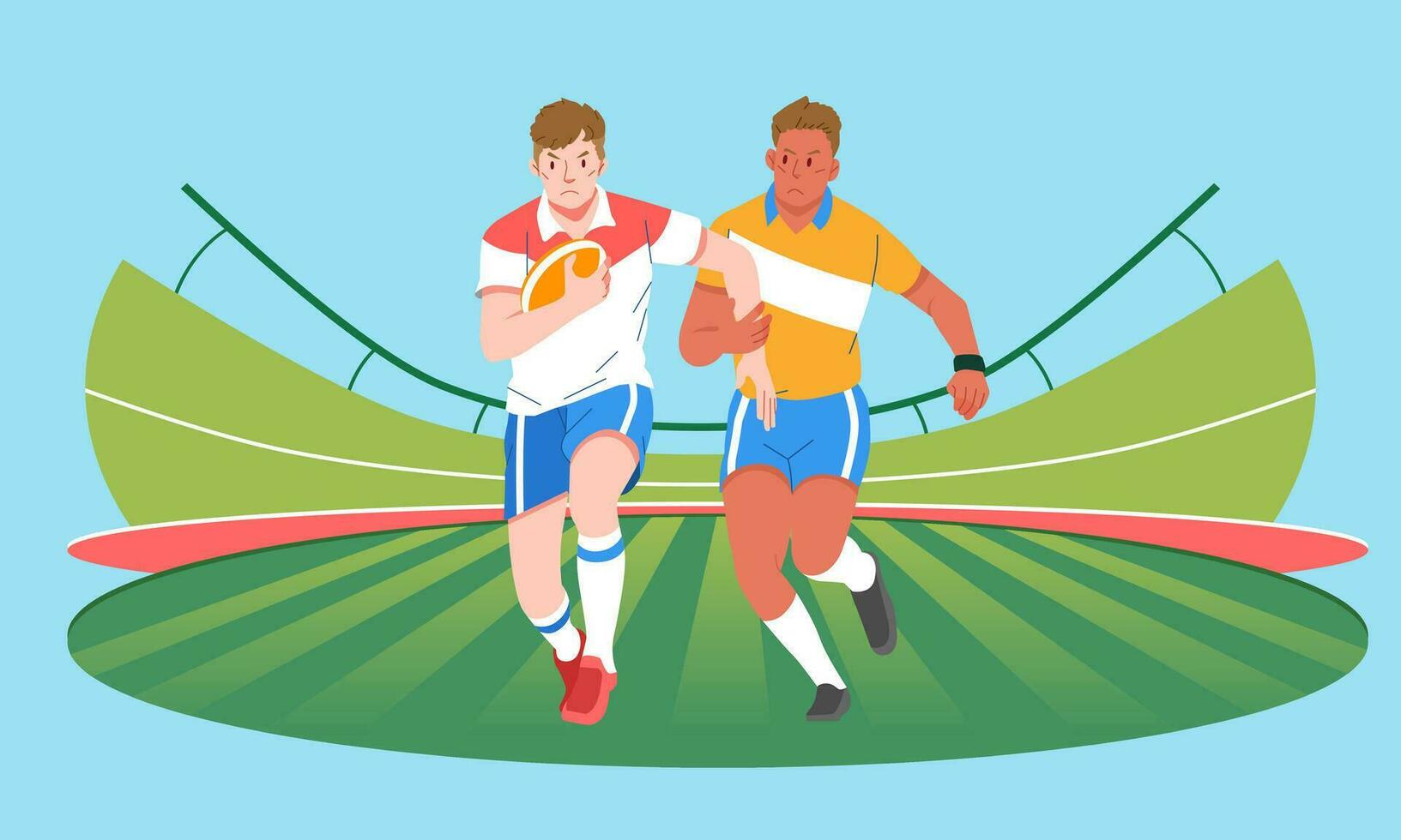 Rugby players running competing for the ball on the center across field vector
