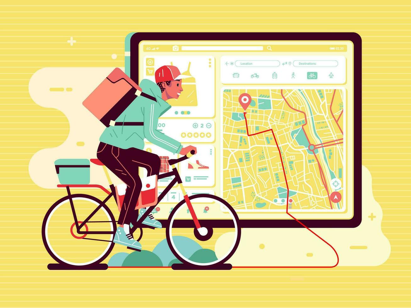 entrega Servicio hombre, entregar el paquete utilizando bicicleta, con mapa guía en el aplicación vector ilustración