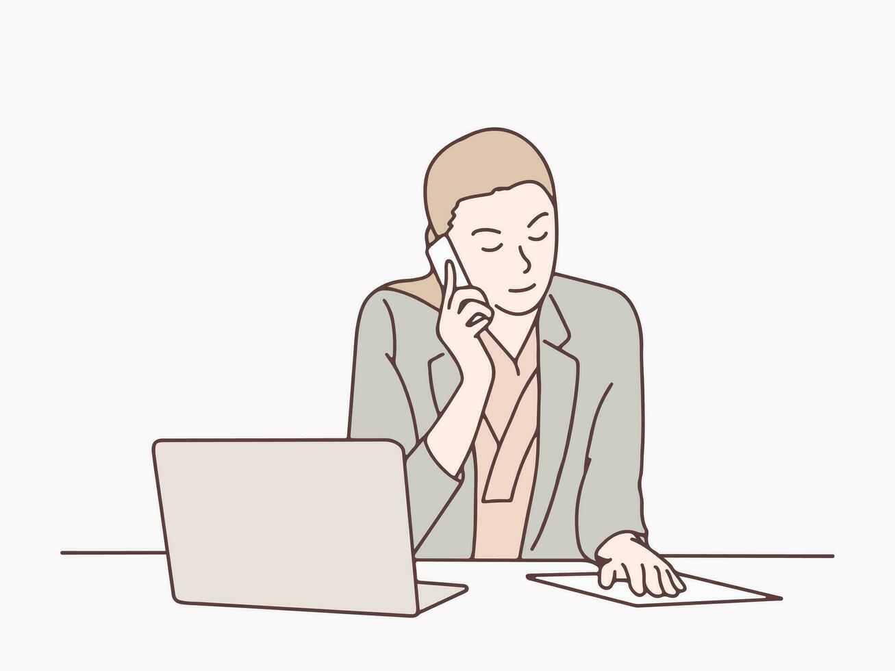 Woman employee is on the phone at her desk with a laptop simple korean style illustration vector