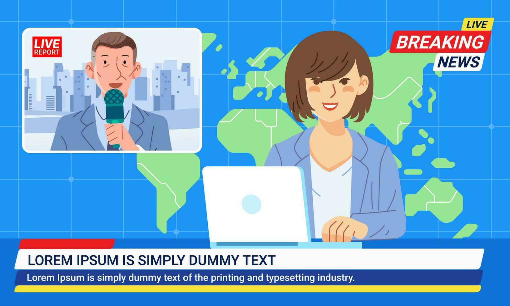 News woman anchor broadcasting the news with a reporter live on screen Announcers working in newsroom with world map background vector