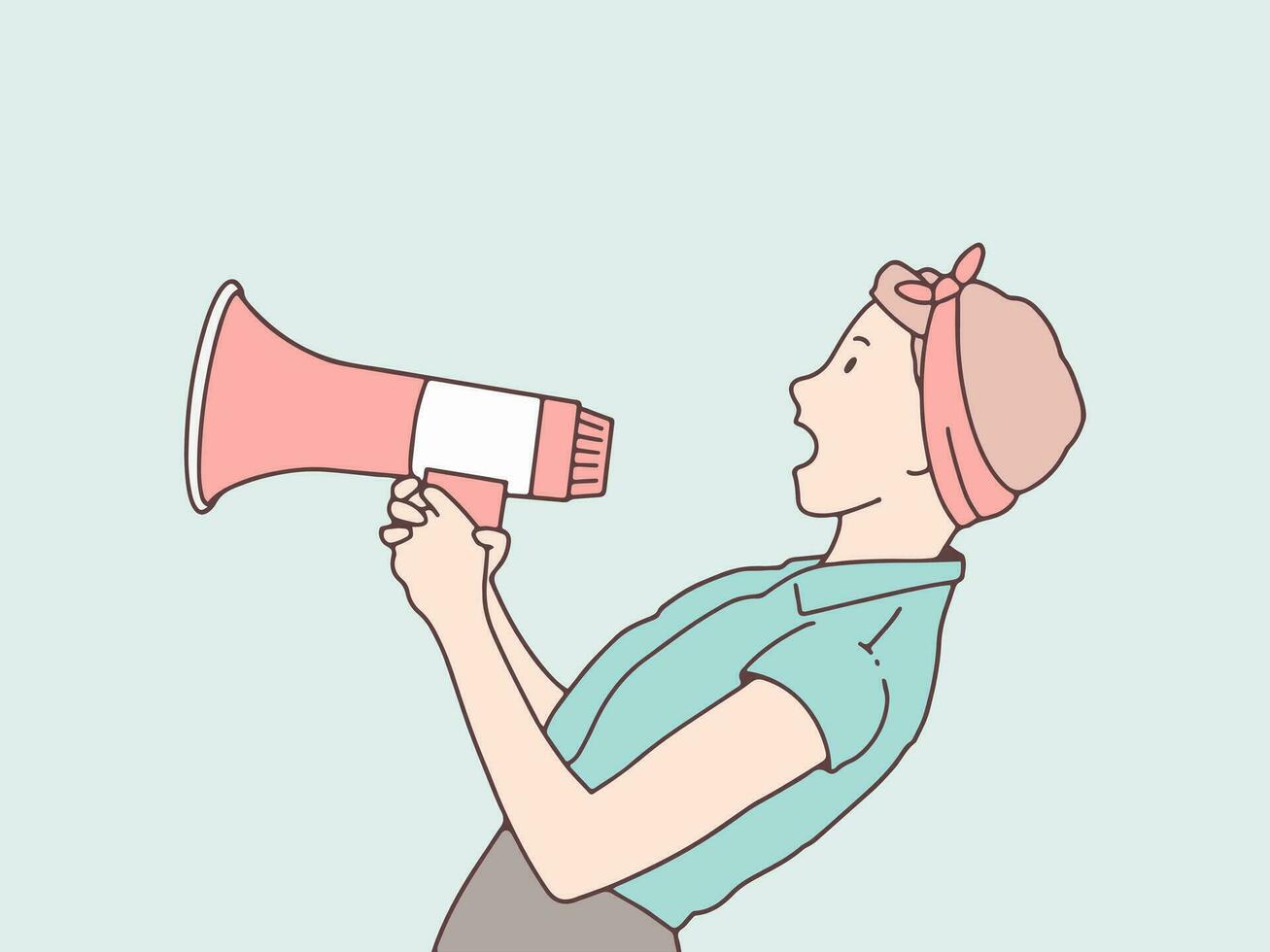 Retro woman shouting  and screaming megaphone simple korean style illustration vector