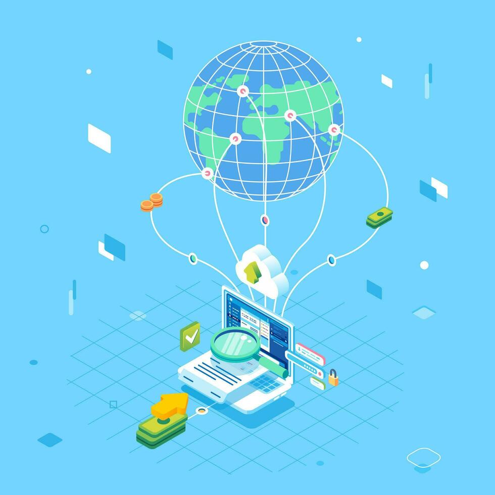 isométrica digital global en línea nube transacción, seguridad, transferir fondo, documento todas terminado el mundo concepto vector