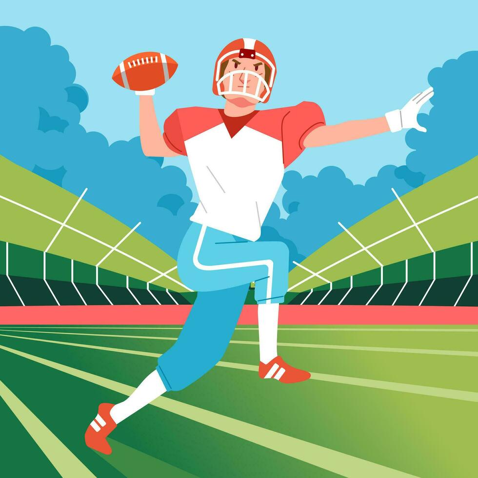 american football player jump to throw the ball on the field vector