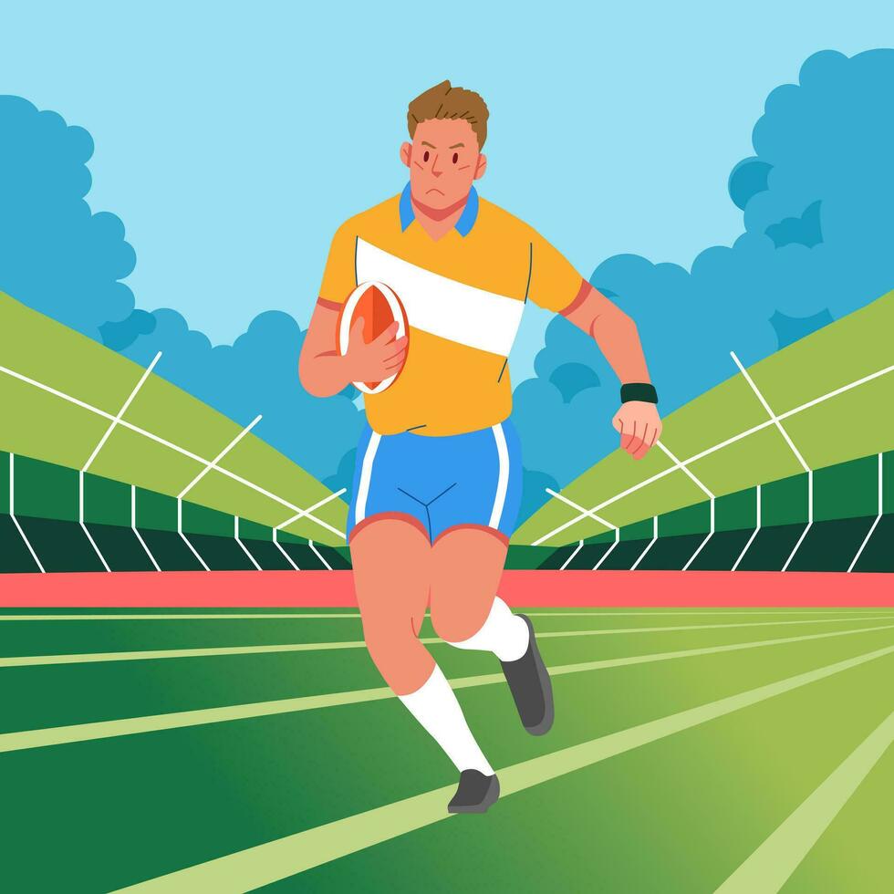 Rugby player running across the perspective field carrying the ball vector