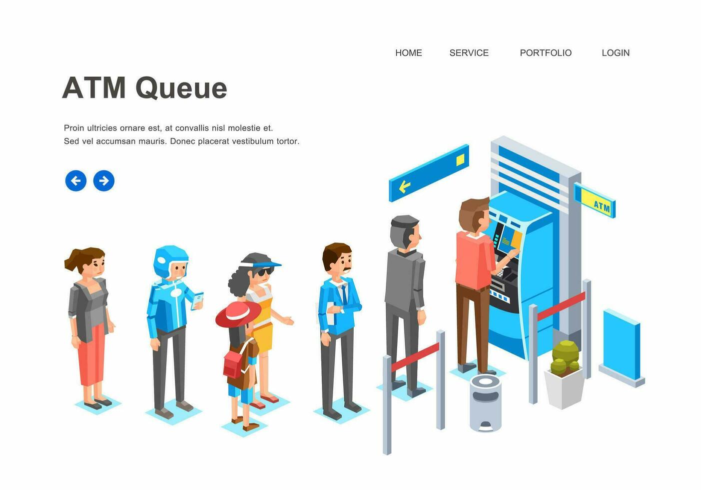 isometric people queue in ATM machine, man, women and kid character queue up in front of ATM machine waiting for their turn vector illustration